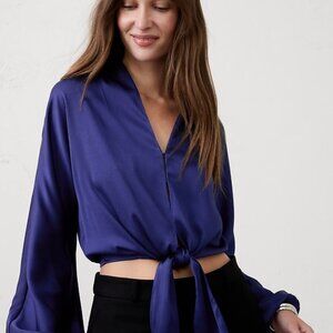 Blue silky bubble sleeve top